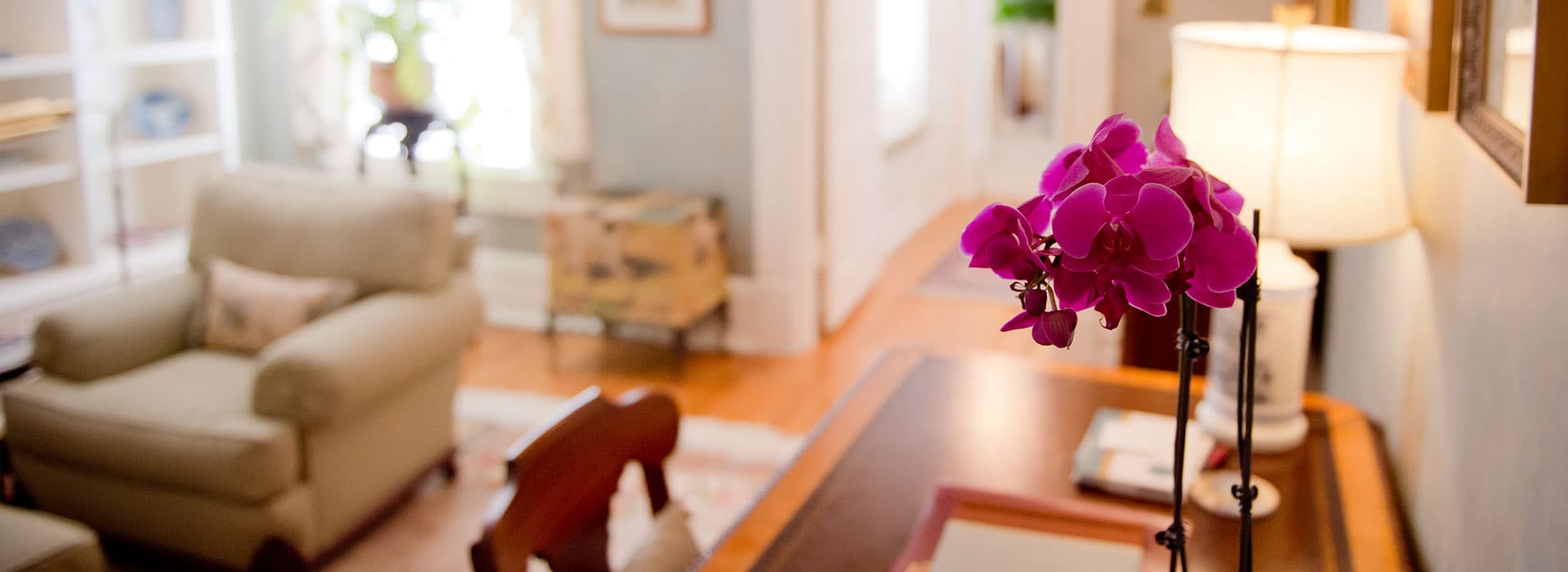 A living room with a purple orchid in the foreground and a cozy seating area in the background.